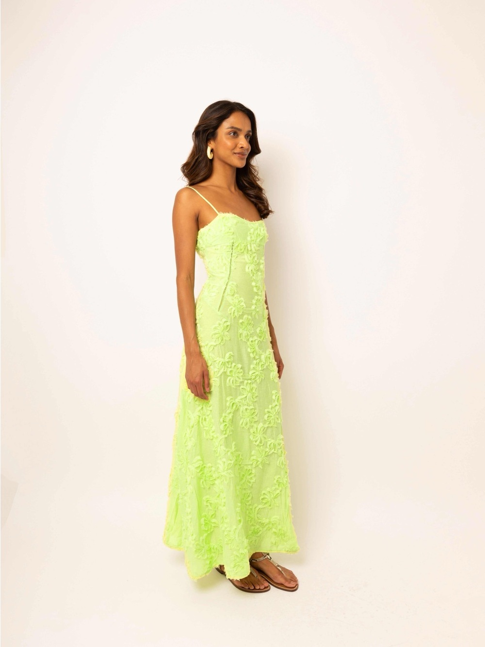 Amy Lynn Chartreuse Semi Sheer Floral Maxi Dress with Spaghetti Straps